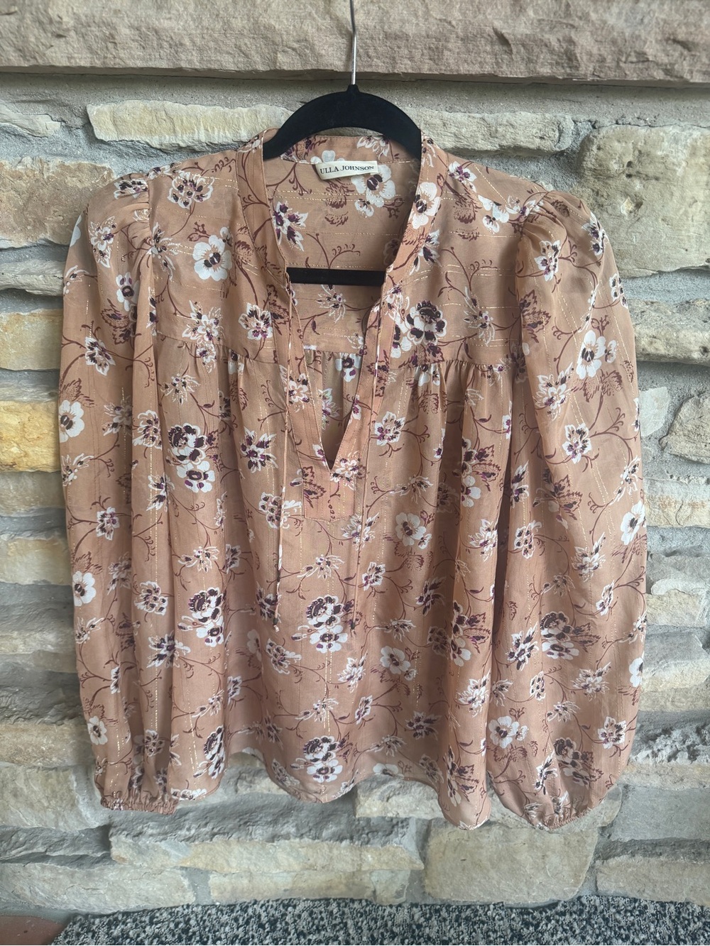 Ulla Johnson Constance Peach Floral V-Neck Long-Sleeve Silk Blouse